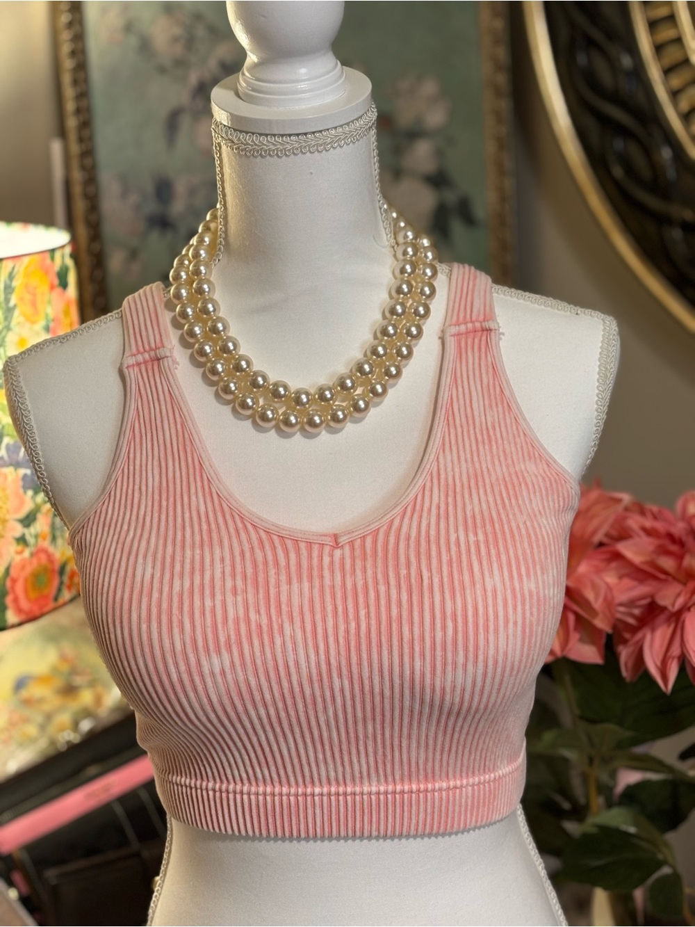 Zenana Padded Mineral Washed Ribbed Crop Top/Brami Dusty Pink - Picture 2 of 5